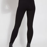color=Black, Rear view of black ponte laura legging with patented concealed waistband, seen from waist down