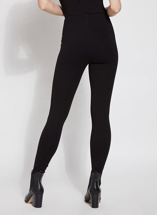 color=Black, Rear view of black ponte laura legging with patented concealed waistband, seen from waist down