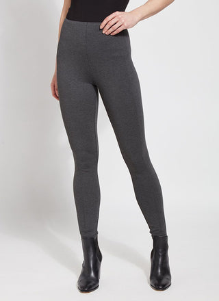color=Charcoal, Front view of charcoal color ponte laura legging with patented concealed waistband, seen from waist down
