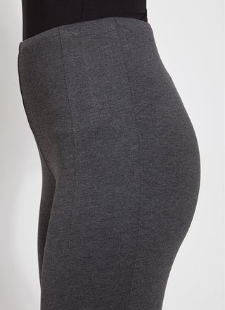 color=Charcoal, Side detail view of charcoal ponte laura legging with patented concealed waistband