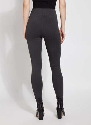 color=Charcoal, Rear view of charcoal ponte laura legging with patented concealed waistband, seen from waist down