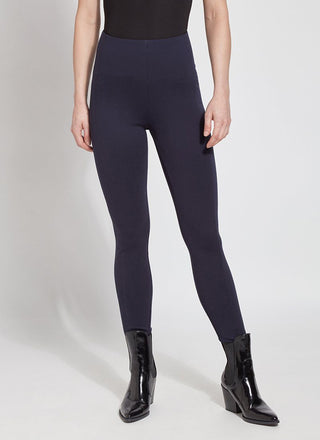 color=Midnight, Front view of midnight blue ponte laura legging with patented concealed waistband, seen from waist down