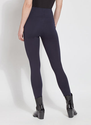 color=Midnight, Rear view of midnight blue ponte laura legging with patented concealed waistband, seen from waist down