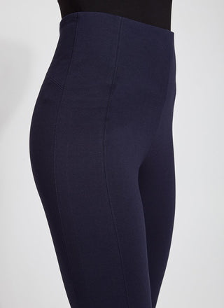 color=Midnight, Front angled detail view of midnight blue ponte laura legging with patented concealed waistband