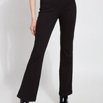 color=Black, front view, knit denim jean leggings with deep side pocket, skims hips and thighs and opens into bootcut hem