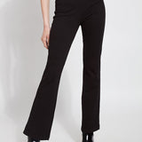 color=Black, front view, knit denim jean leggings with deep side pocket, skims hips and thighs and opens into bootcut hem
