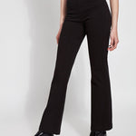 color=Black, front angle, knit denim jean leggings with deep side pocket, skims hips and thighs and opens into bootcut hem