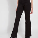 color=Black, front angle, knit denim jean leggings with deep side pocket, skims hips and thighs and opens into bootcut hem