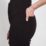 color=Black, side detail, knit denim jean leggings with deep side pocket, skims hips and thighs and opens into bootcut hem