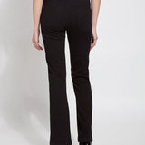 color=Black, back view, knit denim jean leggings with deep side pocket, skims hips and thighs and opens into bootcut hem
