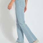 color=Bleached Blue, side, knit denim jean leggings with deep side pocket, skims hips and thighs and opens into bootcut hem