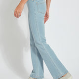 color=Bleached Blue, side, knit denim jean leggings with deep side pocket, skims hips and thighs and opens into bootcut hem