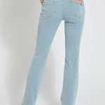 color=Bleached Blue, back view, knit denim jean leggings with deep side pocket, skims hips and thighs and opens into bootcut hem
