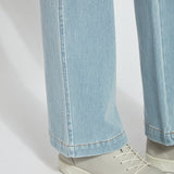 color=Bleached Blue, hem detail, knit denim jean leggings with deep side pocket, skims hips and thighs and opens into bootcut hem