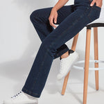color=Indigo, seated side, knit denim jean leggings with deep side pocket, skims hips and thighs and opens into bootcut hem