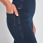 color=Indigo, hip detail, knit denim jean leggings with deep side pocket, skims hips and thighs and opens into bootcut hem