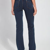 color=Indigo, back view, knit denim jean leggings with deep side pocket, skims hips and thighs and opens into bootcut hem
