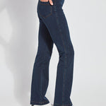 color=Indigo, side view, knit denim jean leggings with deep side pocket, skims hips and thighs and opens into bootcut hem