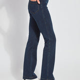 color=Indigo, side view, knit denim jean leggings with deep side pocket, skims hips and thighs and opens into bootcut hem