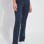 color=Indigo, front view, knit denim jean leggings with deep side pocket, skims hips and thighs and opens into bootcut hem