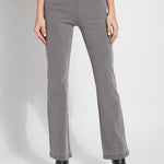 color=Mid Grey, front, knit denim jean leggings with deep side pocket, skims hips and thighs and opens into bootcut hem