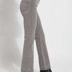 color=Mid Grey, side view, knit denim jean leggings with deep side pocket, skims hips and thighs and opens into bootcut hem