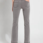 color=Mid Grey, back view, knit denim jean leggings with deep side pocket, skims hips and thighs and opens into bootcut hem