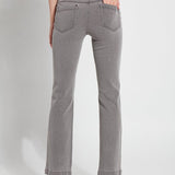 color=Mid Grey, back view, knit denim jean leggings with deep side pocket, skims hips and thighs and opens into bootcut hem