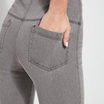 color=Mid Grey, back detail, knit denim jean leggings with deep side pocket, skims hips and thighs and opens into bootcut hem