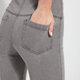 color=Mid Grey, back detail, knit denim jean leggings with deep side pocket, skims hips and thighs and opens into bootcut hem