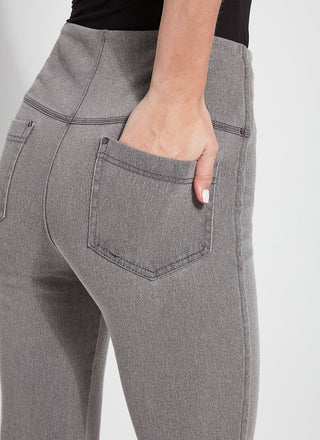 color=Mid Grey, back detail, knit denim jean leggings with deep side pocket, skims hips and thighs and opens into bootcut hem