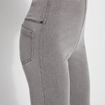 color=Mid Grey, waist detail, knit denim jean leggings with deep side pocket, skims hips and thighs and opens into bootcut hem