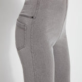 color=Mid Grey, waist detail, knit denim jean leggings with deep side pocket, skims hips and thighs and opens into bootcut hem