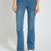 color=Mid Wash, front, knit denim jean leggings with deep side pocket, skims hips and thighs and opens into bootcut hem