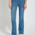 color=Mid Wash, front, knit denim jean leggings with deep side pocket, skims hips and thighs and opens into bootcut hem