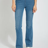 color=Mid Wash, front, knit denim jean leggings with deep side pocket, skims hips and thighs and opens into bootcut hem
