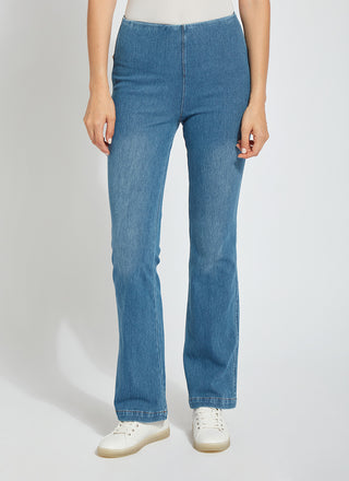 color=Mid Wash, front, knit denim jean leggings with deep side pocket, skims hips and thighs and opens into bootcut hem