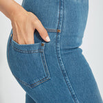 color=Mid Wash, waist detail, knit denim jean leggings with deep side pocket, skims hips and thighs and opens into bootcut hem