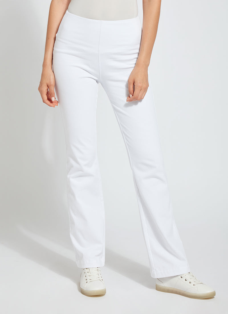 color=White, front, knit denim jean leggings with deep side pocket, skims hips and thighs and opens into bootcut hem
