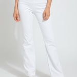 color=White, front, knit denim jean leggings with deep side pocket, skims hips and thighs and opens into bootcut hem