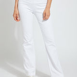 color=White, front, knit denim jean leggings with deep side pocket, skims hips and thighs and opens into bootcut hem