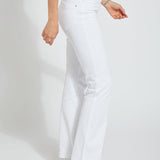 color=White, side, knit denim jean leggings with deep side pocket, skims hips and thighs and opens into bootcut hem