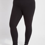color=Black, front view, stretch cotton leggings, yoga pants, with smoothing comfort waistband and lifting, contouring seaming 