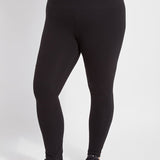 color=Black, front view, stretch cotton leggings, yoga pants, with smoothing comfort waistband and lifting, contouring seaming 