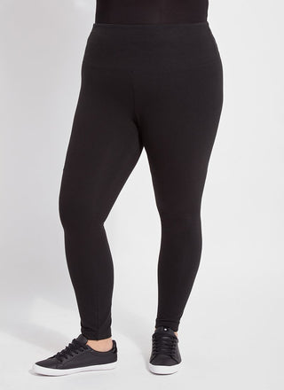 color=Black, front view, stretch cotton leggings, yoga pants, with smoothing comfort waistband and lifting, contouring seaming 