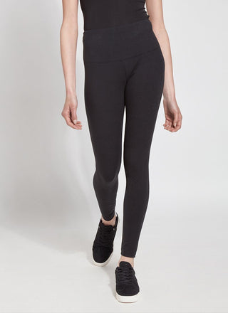 color=Black, front view, stretch cotton leggings, yoga pants, with smoothing comfort waistband and lifting, contouring seaming 