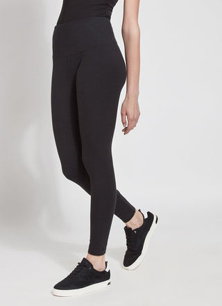 color=Black, angled front view, stretch cotton leggings, yoga pants, with smoothing comfort waistband and lifting, contouring seaming 