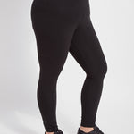 color=Black, angled side view, stretch cotton leggings, yoga pants, with smoothing comfort waistband and lifting, contouring seaming 