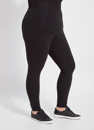 color=Black, angled side view, stretch cotton leggings, yoga pants, with smoothing comfort waistband and lifting, contouring seaming 