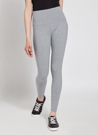 color=Grey Melange, front view, stretch cotton leggings, yoga pants, with smoothing comfort waistband and lifting, contouring seaming 
